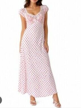 Viral NWOT THIRTY THIRTY polka Dot Pastel Pink Lace Romantic Maxi Dress